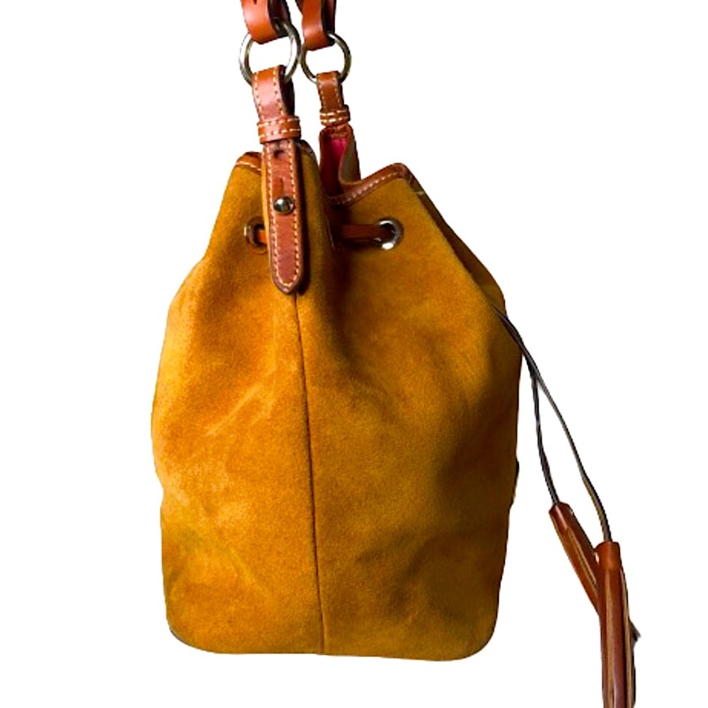 DOONEY BOURKE Honey Suede Bucket Bag w/ Brown Leather Drawstring Tassel Pull - Picture 5 of 17